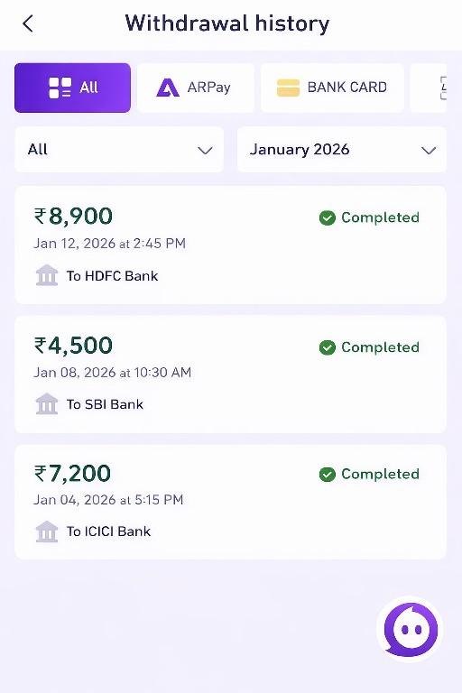 Fast withdrawal history showing completed bank transfers